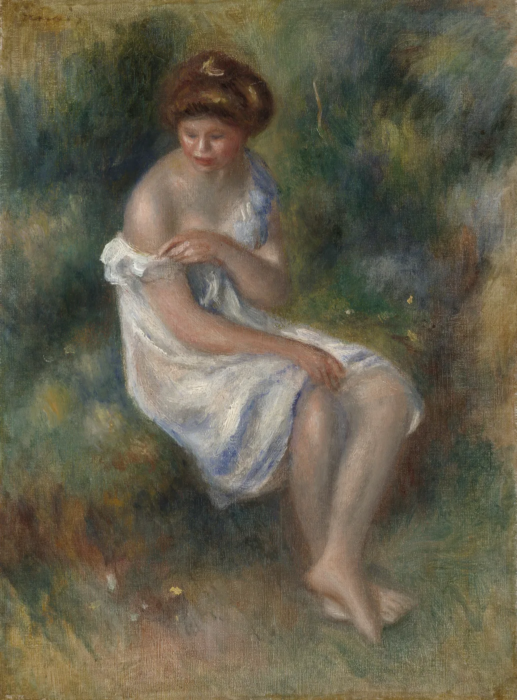 A seated bather wrapped in a loose white and blue cloth resting in a wooded setting, in soft green, cream, and warm flesh tones
