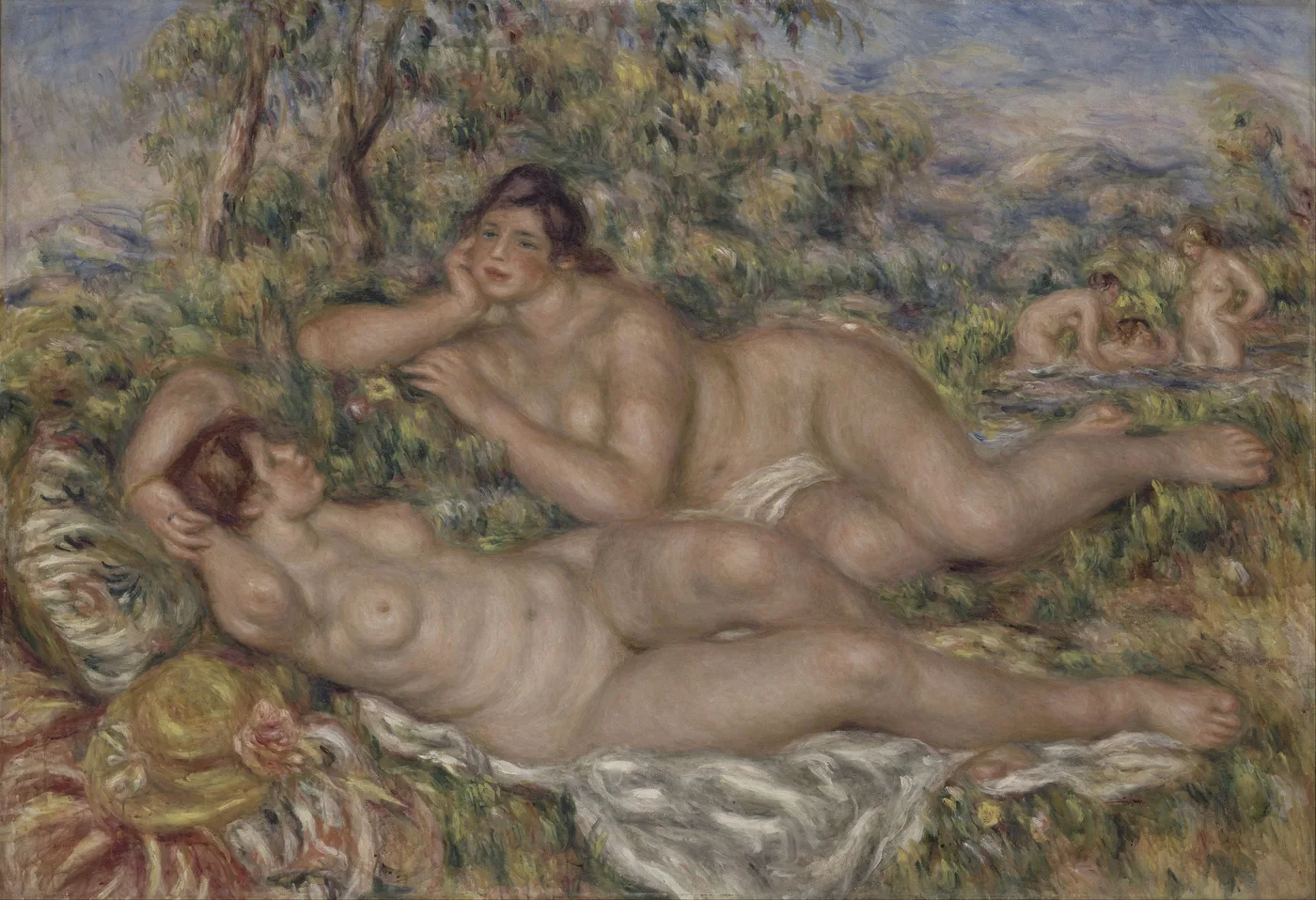 Two large reclining nude bathers on a riverbank with more bathers wading in water behind them, in warm flesh tones and soft green