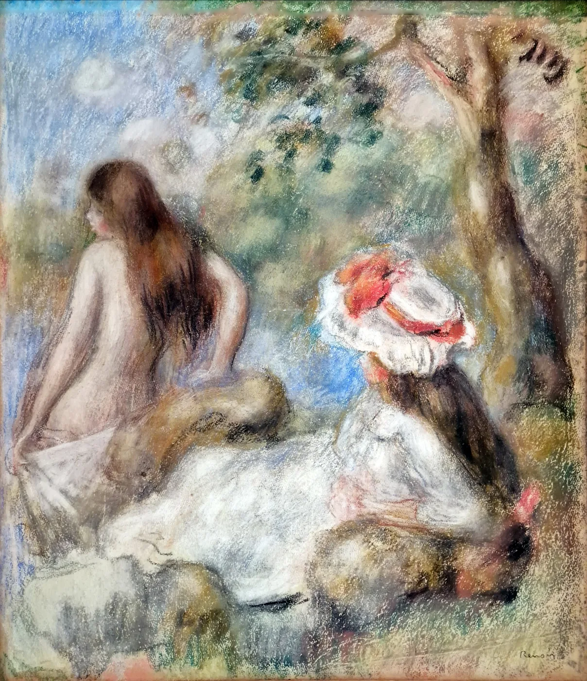 A nude bather seated beside a woman in a flowered white hat by a wooded riverbank, in soft green, cream, and coral