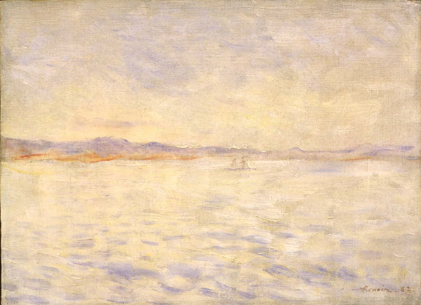 A hazy bay with distant hills and a small sailboat under a glowing sky, in pale gold, lavender, and cream