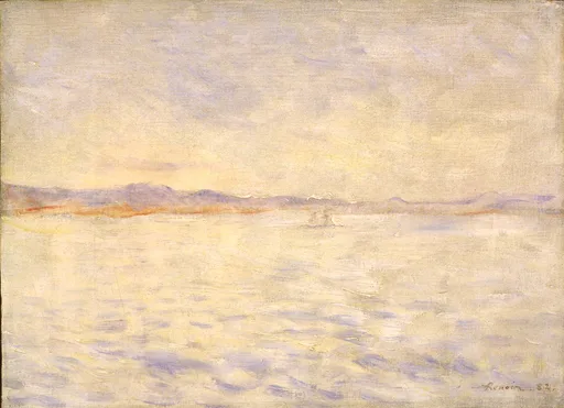 A hazy bay with distant hills and a small sailboat under a glowing sky, in pale gold, lavender, and cream