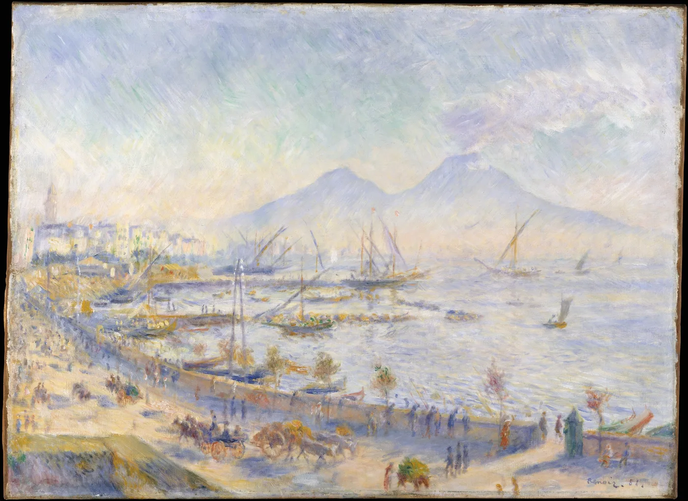 A hazy harbour view with sailboats on calm water, a mountain silhouette behind, and a busy waterfront promenade in pale blue and cream