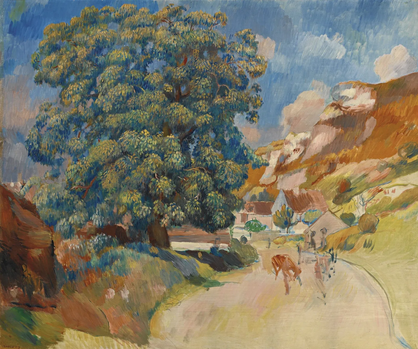 A large chestnut tree shades a country road lined with cottages and a hillside, a cow and figures walking below.
