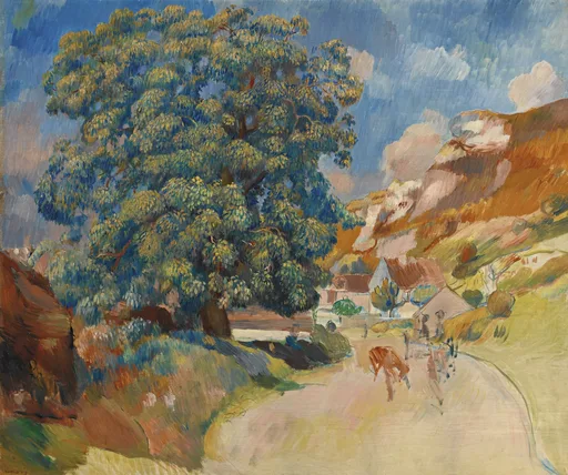 A large chestnut tree shades a country road lined with cottages and a hillside, a cow and figures walking below.