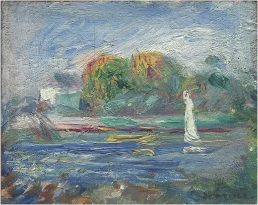 A white sailboat on a blue river beneath autumn coloured trees along the bank, in blue, green, and rust orange
