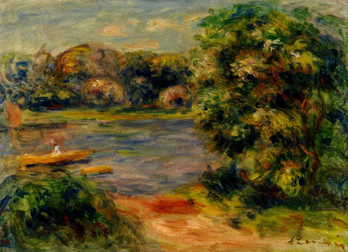 A small orange rowboat with a figure on a tree lined lake, in deep green, blue, and warm orange