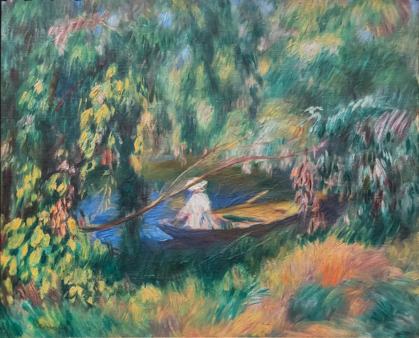A woman in white sits in a small rowboat on a narrow stream framed by dense willow foliage, in deep greens, blues, and rust tones