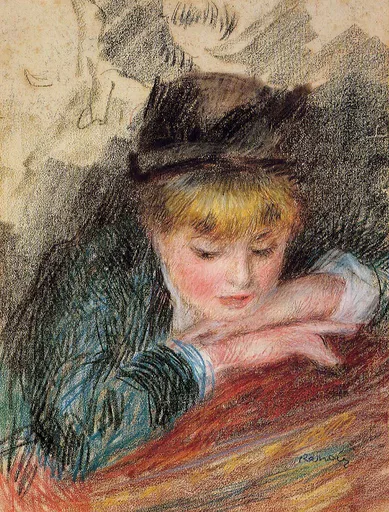 A pastel of a girl in a dark hat resting her chin on her arms atop a red ledge, blond hair falling forward.