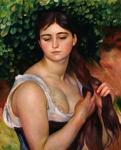 A woman in a loose white chemise braiding her long dark hair against a leafy green backdrop, in warm flesh tones and deep green