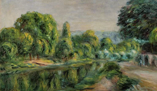 A quiet riverbank lined with dense trees reflected in still water beside a path, in deep green, grey, and warm brown