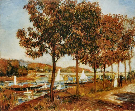 Trees in red-orange autumn foliage line a riverbank where sailboats pass a bridge, figures walking the path under blue sky.
