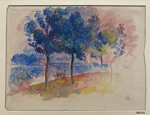 A watercolour sketch shows blue-toned trees along a riverbank beneath washes of pink and rose sky.