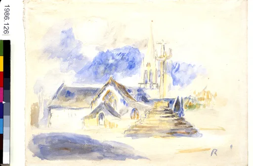 A watercolour sketch shows a wayside cross beside a church spire, in pale washes of blue and ochre.