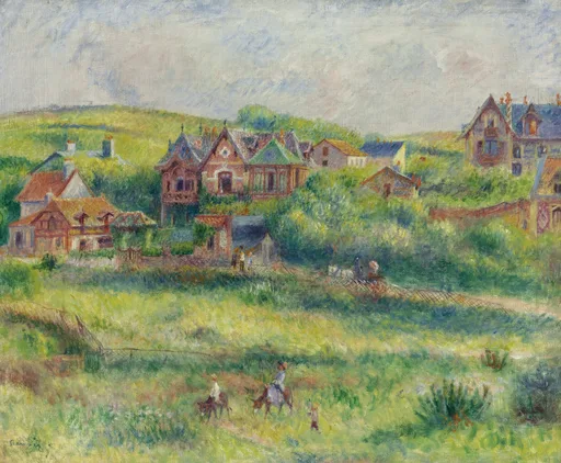 An ornate turreted chalet rises amid green hills, a horse-drawn carriage and riders crossing the grassy foreground.