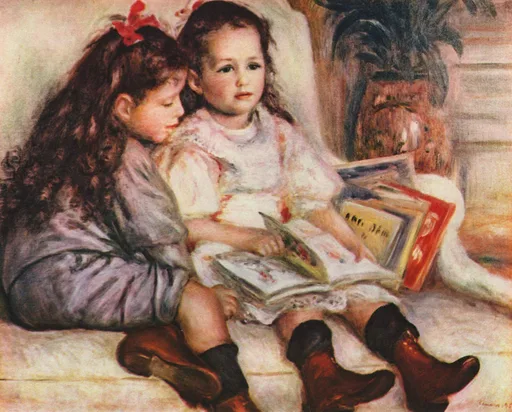 Two young girls with curly brown hair, one wearing a red ribbon, sit together looking at a picture book, in soft pink and brown tones.