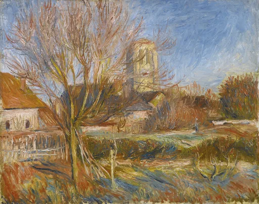 Bare autumn trees frame a village church tower under a blue sky, painted in rust and gold tones.