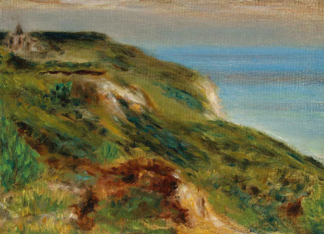 Green grassy cliffs slope toward a blue sea, with a small church visible on the distant hilltop.