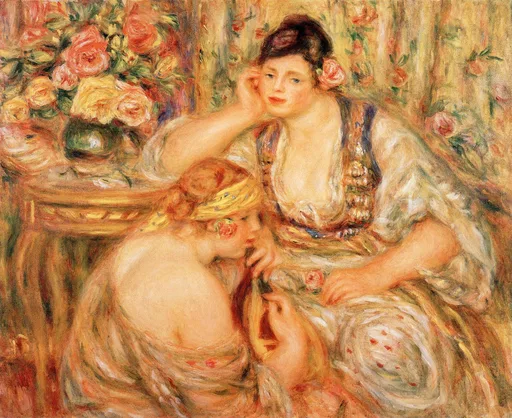 Two women in embroidered oriental dress with roses in their hair, one playing a stringed instrument beside a vase of roses, in warm gold and pink