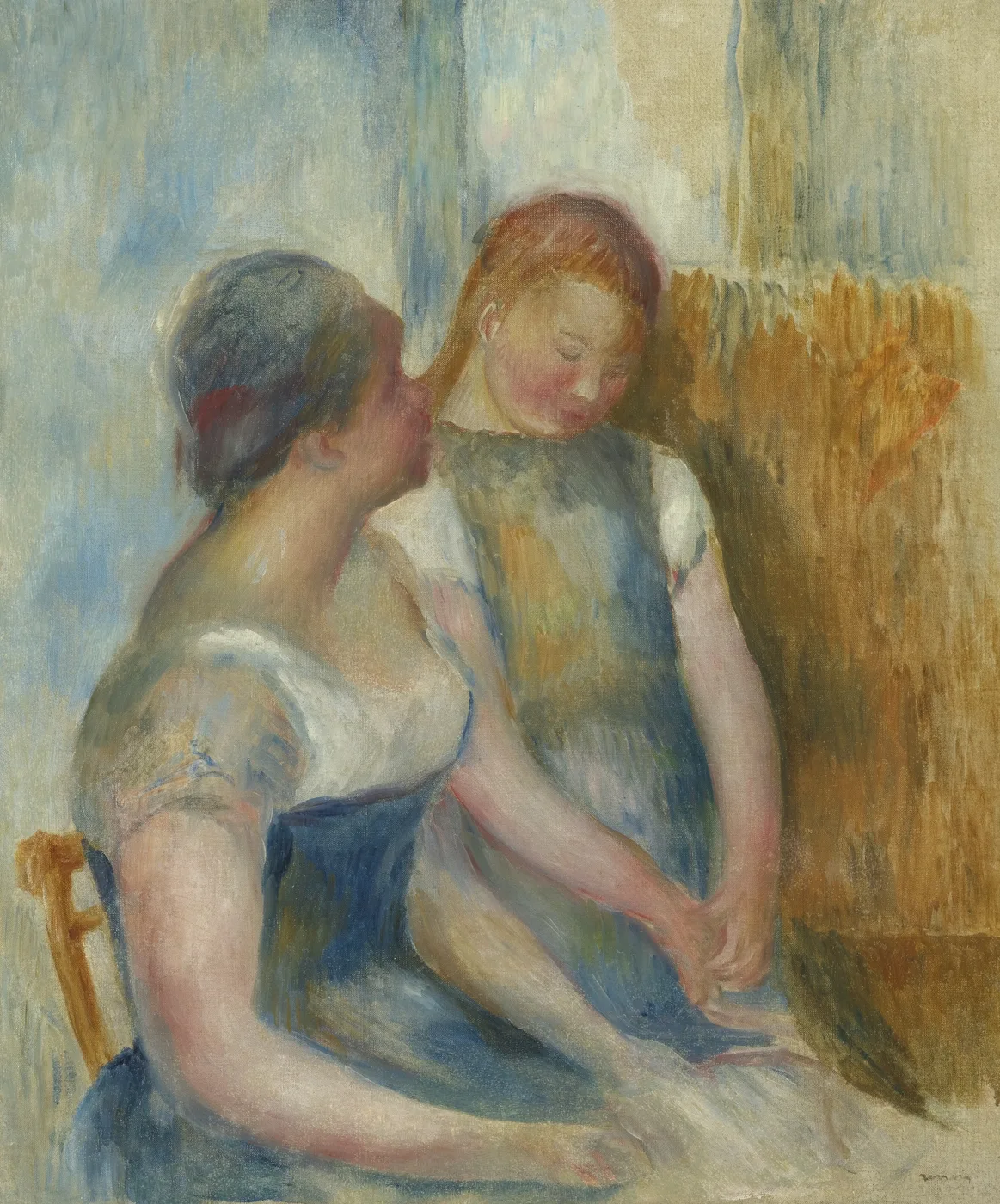 Two women lean close in conversation, one dark-haired in blue, the other red-haired in olive, before soft blue-gold walls.