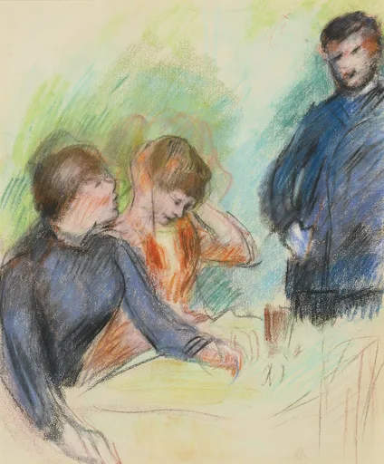 A pastel of two women in dark blue leaning close in conversation, a man standing nearby in a blue coat, on green and cream.