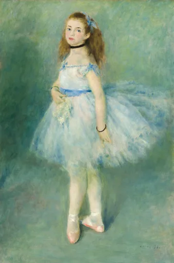 A young ballerina in a pale blue tutu and ballet slippers stands with feet crossed, holding a small bouquet, against a soft green background