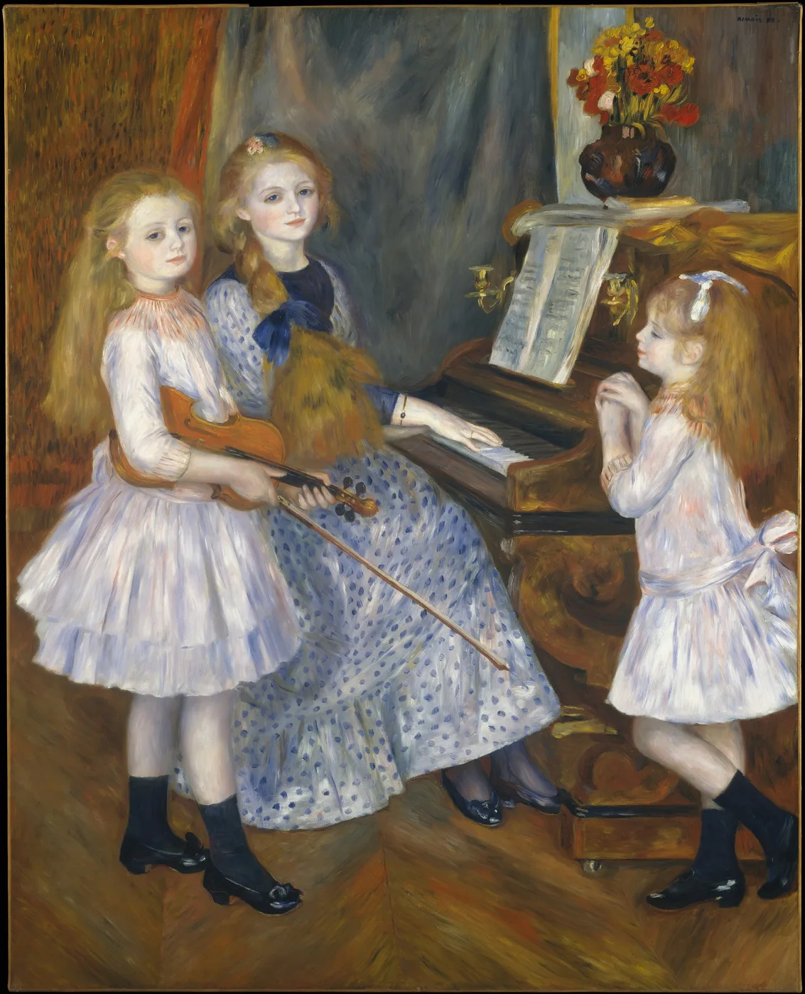 Three young girls in white and blue dresses gathered at a piano, one holding a violin, in a parlor with flowers, in soft brown and blue tones
