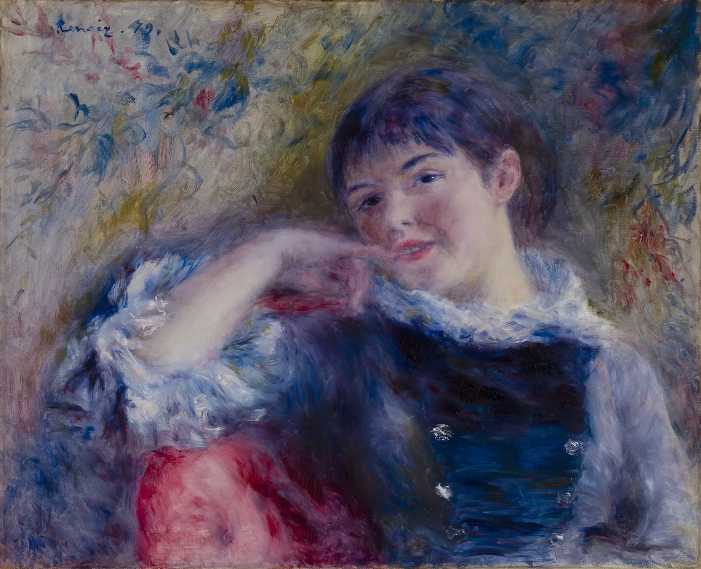 A seated young woman resting her chin on her hand in a lace trimmed blue dress, in deep blue, red, and soft lavender