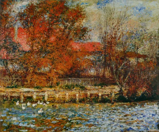 White ducks swim on a pond beside a low bridge, framed by blazing red-orange autumn trees and a red-roofed house.