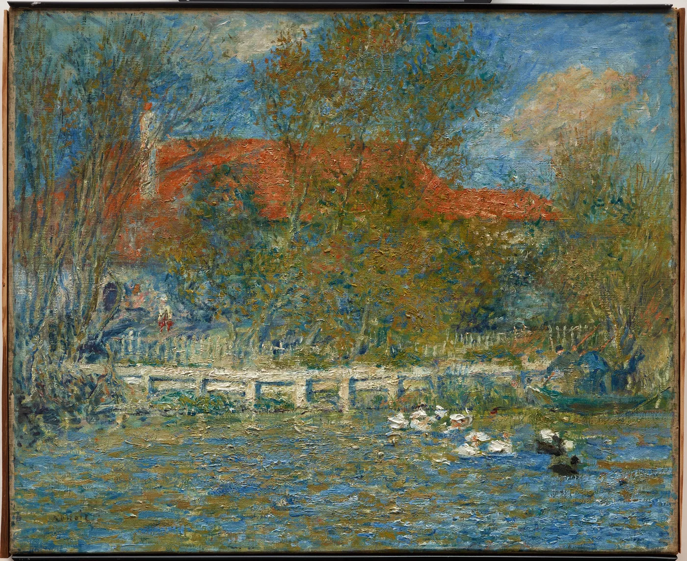 White ducks swim on a pond before a low bridge, with a red-roofed house among trees behind, in blue, green, and orange-red tones