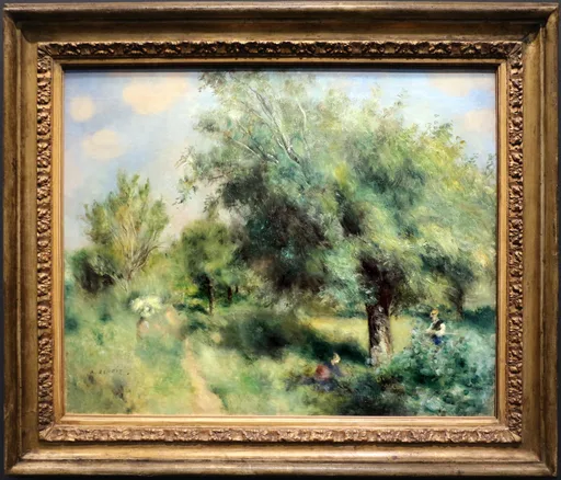 A leafy orchard landscape with small figures on a garden path beneath tall trees, in soft green, blue, and cream tones