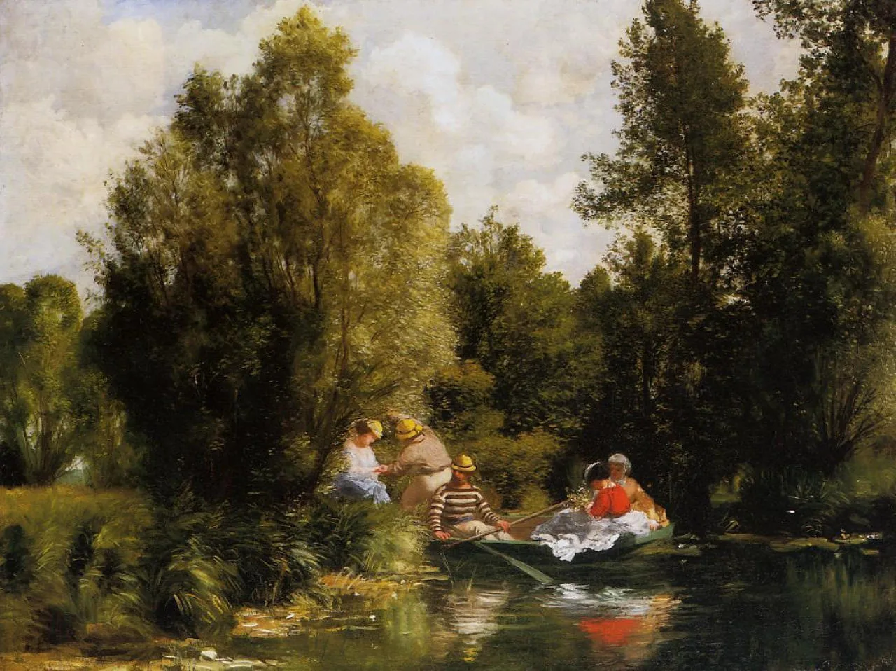Figures gather by a rowboat on a wooded pond beneath tall trees, one man in a striped shirt, under a cloudy sky.
