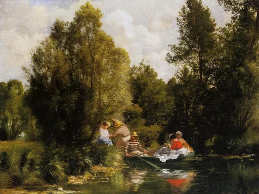 Figures gather by a rowboat on a wooded pond beneath tall trees, one man in a striped shirt, under a cloudy sky.