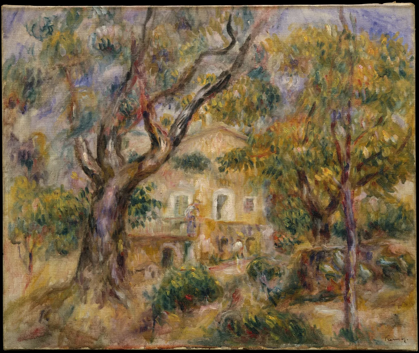 A farmhouse with a balcony glimpsed through gnarled olive trees and greenery, in soft green, gold, and lavender
