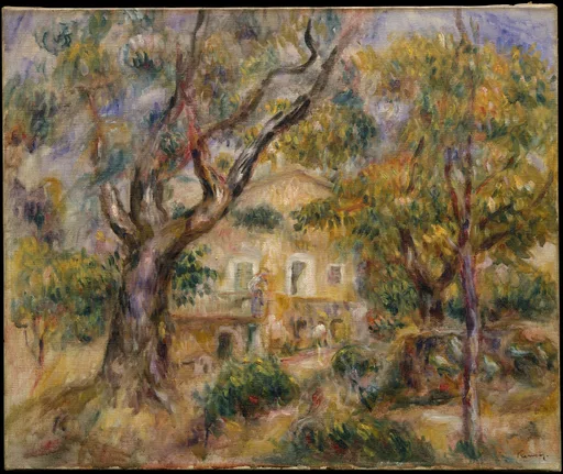 A farmhouse with a balcony glimpsed through gnarled olive trees and greenery, in soft green, gold, and lavender
