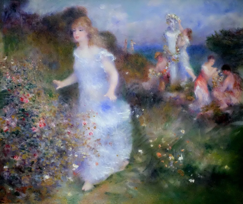 A girl in a white dress moves through a flowering garden while distant figures crown a statue with garlands, in blue and green.