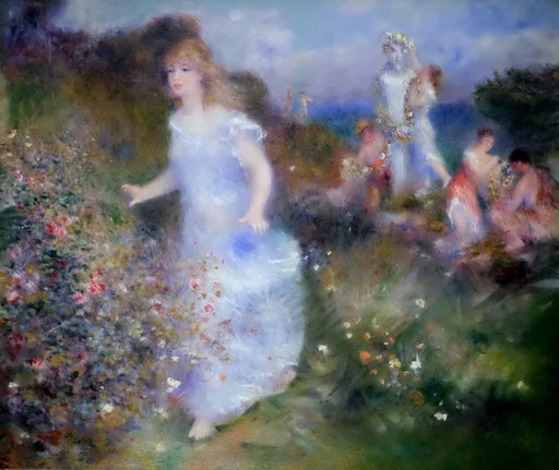 A girl in a white dress moves through a flowering garden while distant figures crown a statue with garlands, in blue and green.