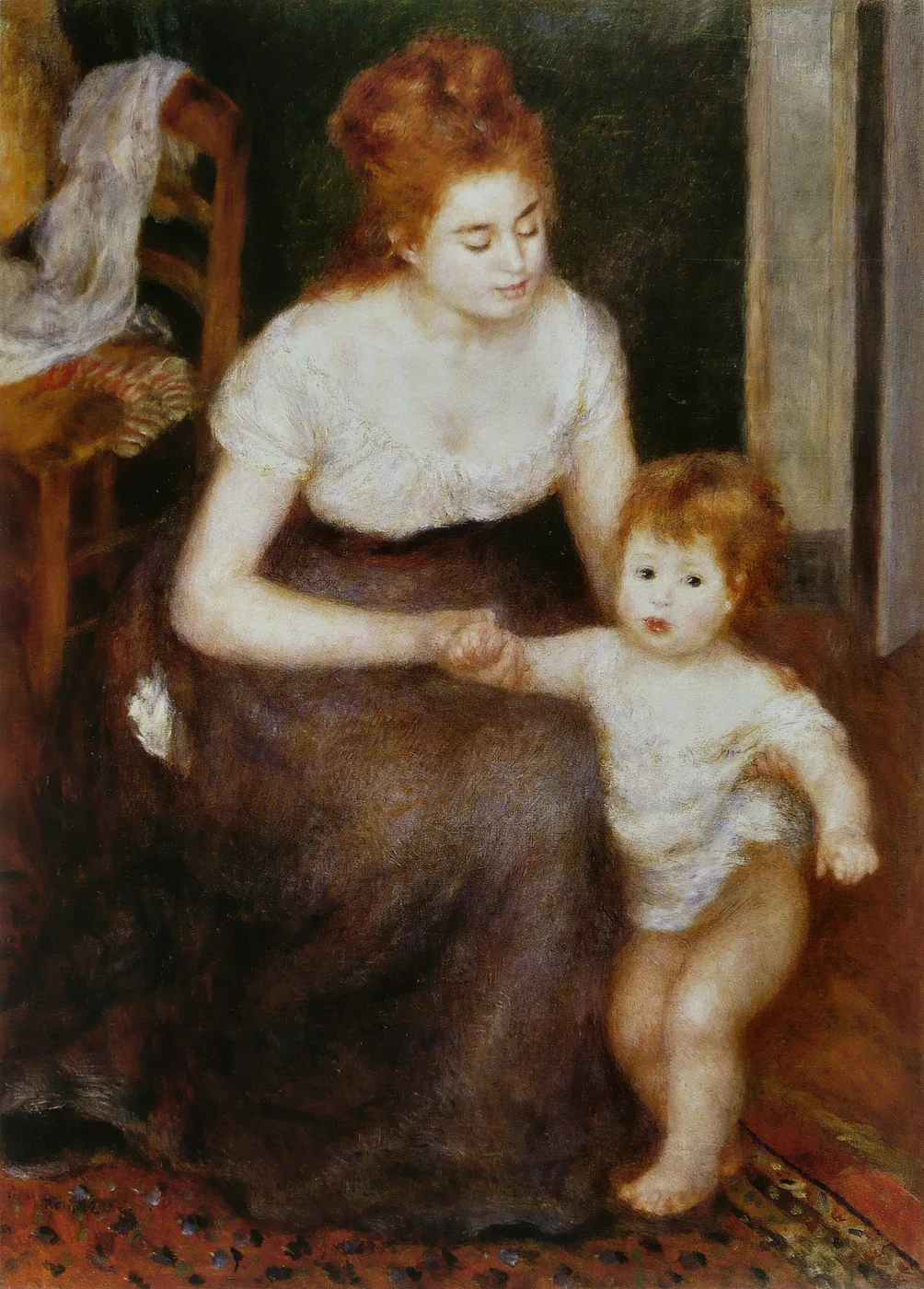 A red-haired mother seated indoors holding the hand of a toddler taking its first steps, in white, brown, and warm flesh tones