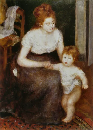 A red-haired mother seated indoors holding the hand of a toddler taking its first steps, in white, brown, and warm flesh tones