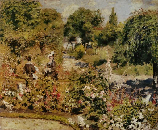 Two figures stand amid a lush flowering garden of hollyhocks beneath a weeping willow, a path leading to a small house.