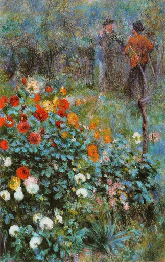 A dense garden of red, orange, and white flowers fills the foreground, with two small figures standing among tall greenery behind