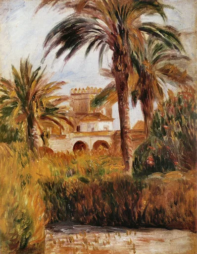 Tall palm trees frame a view of an arched white building, painted in golden-brown tones under a pale sky.