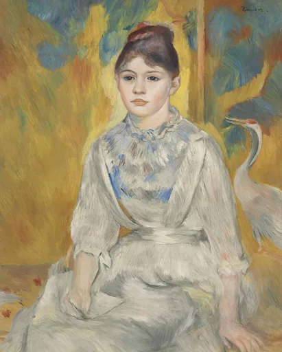 A girl in a grey-white dress sits before a screen painted with a white heron, against a golden-yellow background.