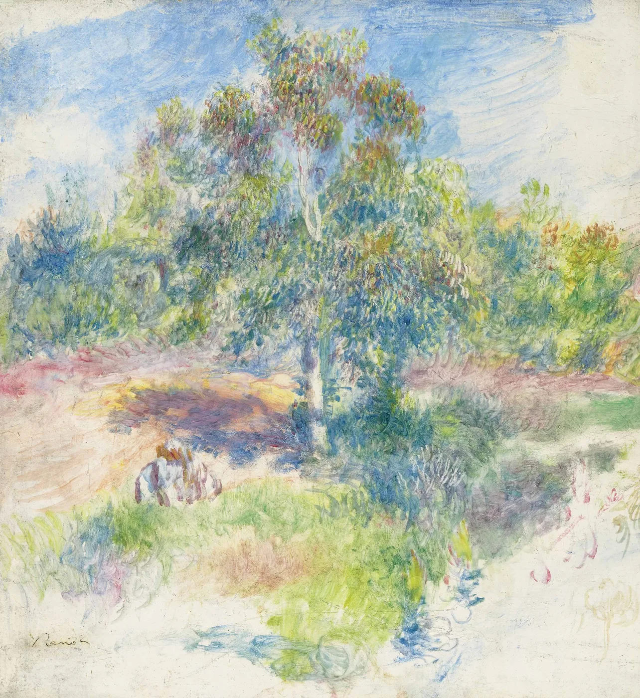 A loosely painted flowering tree stands in a sunlit clearing, a small figure crouching at its base under blue sky.