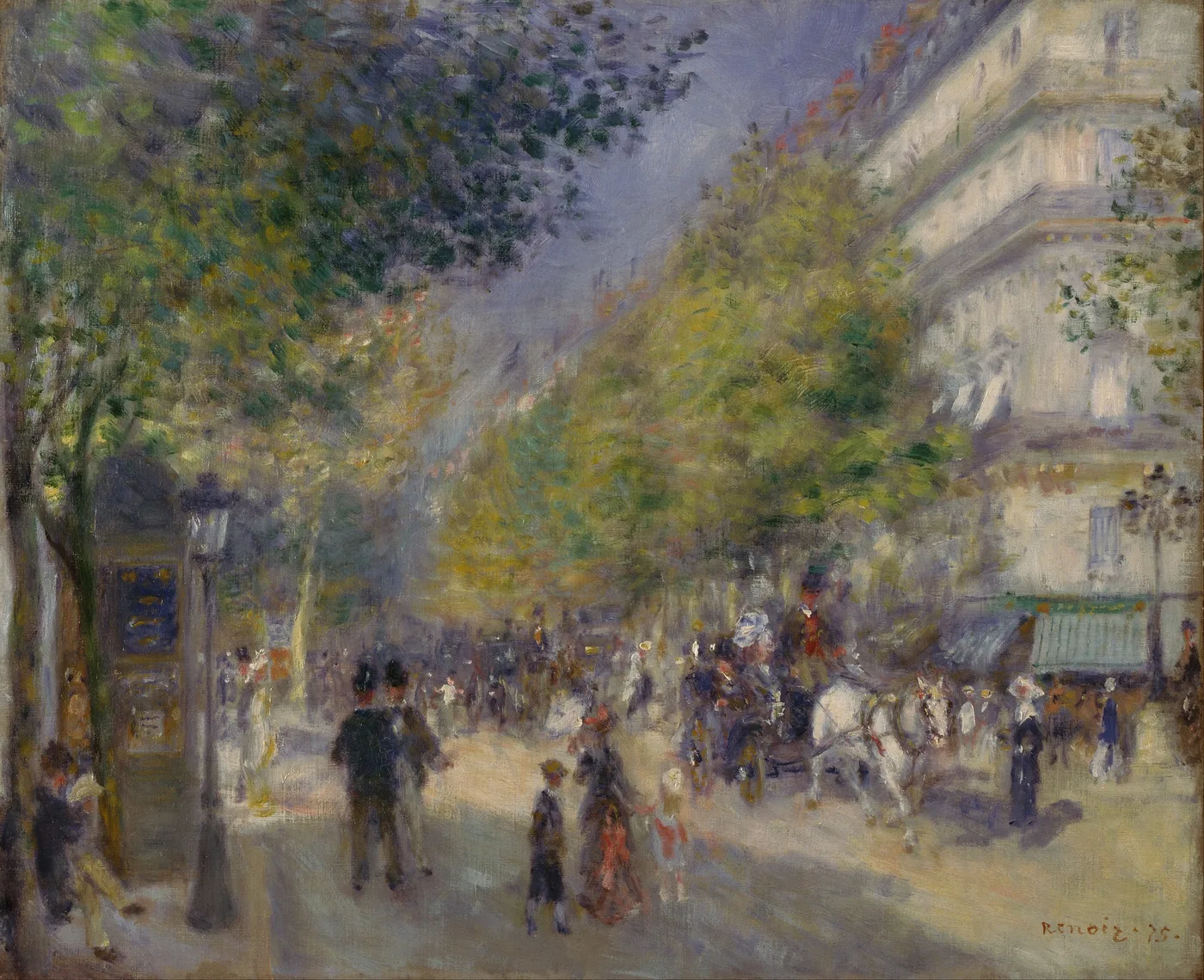 A tree-lined Paris boulevard with strolling pedestrians and a horse-drawn carriage before tall apartment buildings, in green, grey, and soft lavender