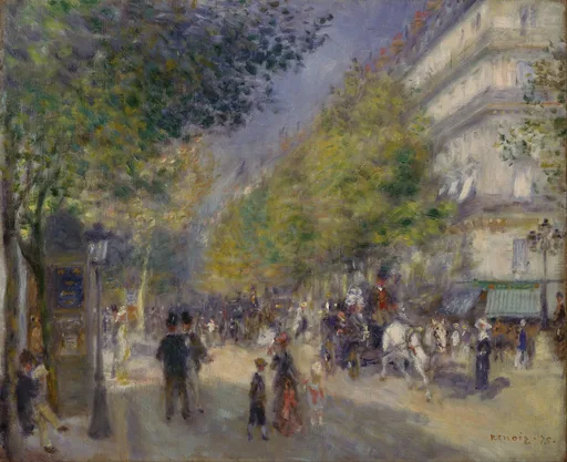 A tree-lined Paris boulevard with strolling pedestrians and a horse-drawn carriage before tall apartment buildings, in green, grey, and soft lavender