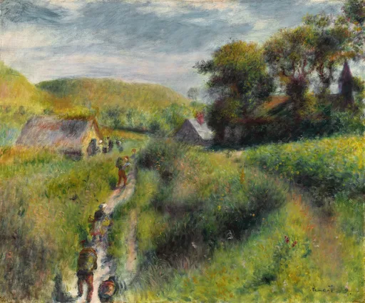 Small figures with baskets walking a village path between fields and thatched cottages, in green, ochre, and grey