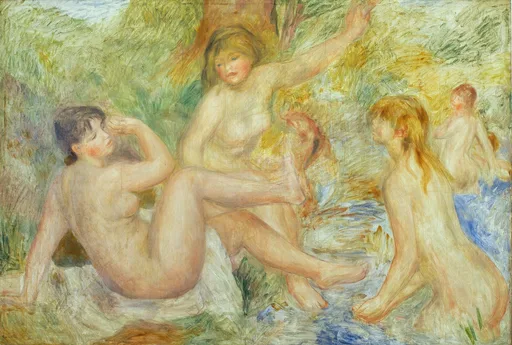 Several nude bathers reclining and playing by a stream in a leafy grove, with more figures visible bathing in the distance, in pale gold and green