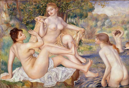 Four nude women bathe and dry themselves by a wooded riverbank, in soft flesh tones against green foliage and blue water