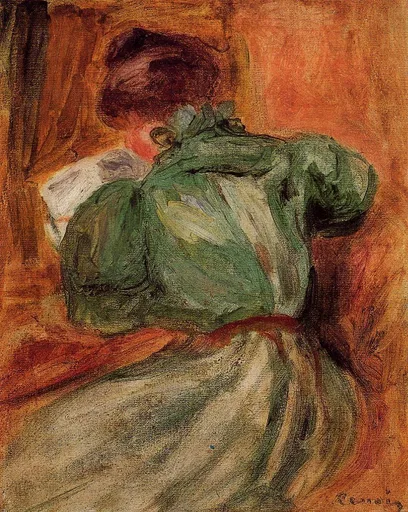 A woman seen from behind in a green dress reading a book, against a warm orange background