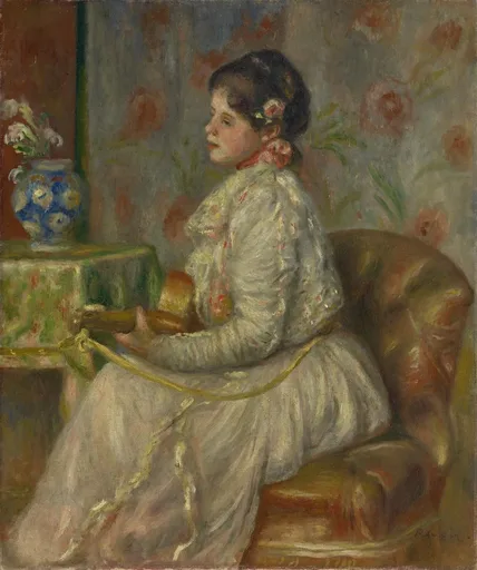 A seated woman in a white dress holding a guitar beside a table with a flower vase, in cream, rose, and warm brown